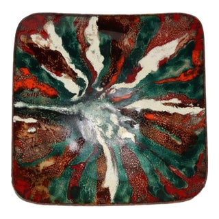 Mid Century Modern Enamel on Copper Green and Red Square Decorative Dish For Sale