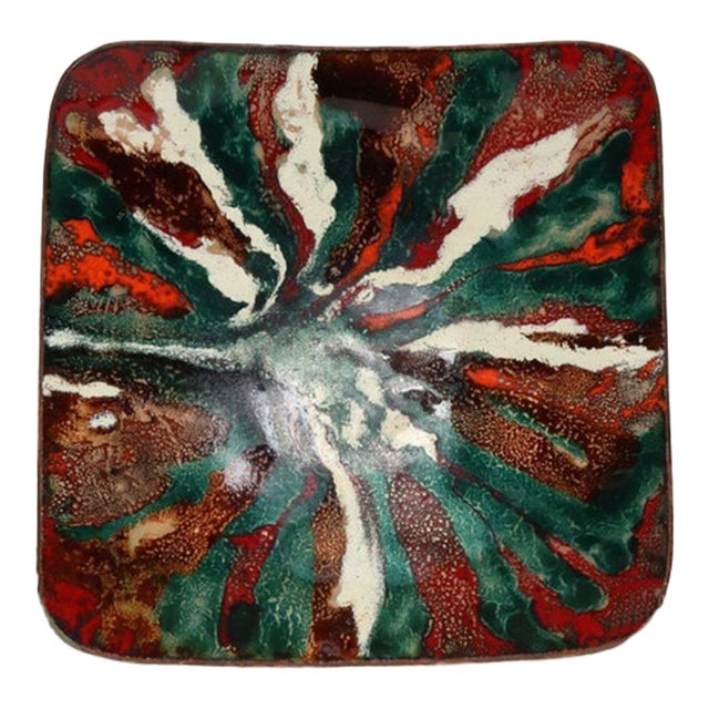 Mid Century Modern Enamel on Copper Green and Red Square Decorative Dish For Sale