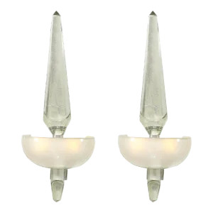 Pair of Modernist Murano Pearlescent Glass W/ 24k White Gold Obelisk Sconces