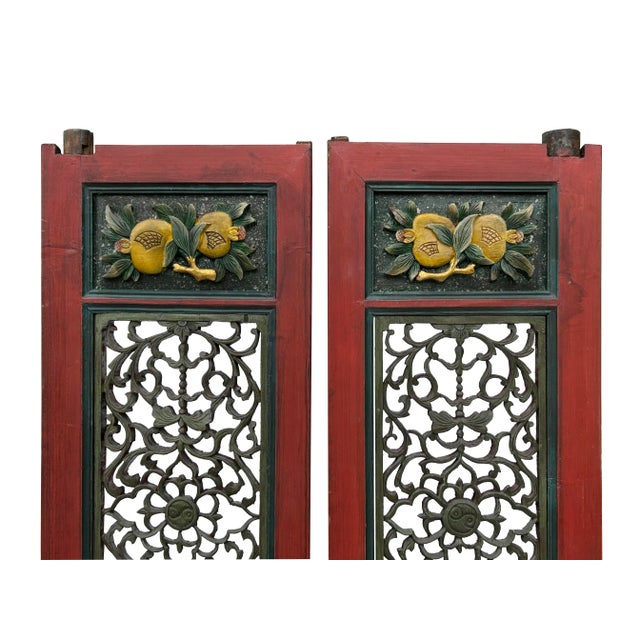 Brick Red Pair Vintage Red Green Yellow Fujian Relief Carving Door Panels For Sale - Image 8 of 10