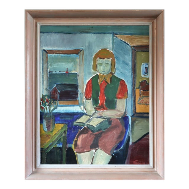 Mid-Century Modern 'The Reader's Pause' Vintage Swedish Original Figurative Oil Painting, Framed For Sale