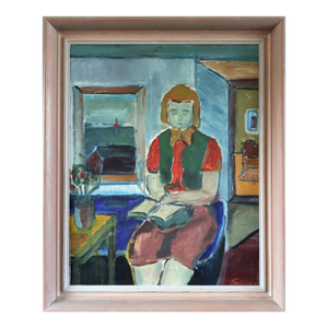 Mid-Century Modern 'The Reader's Pause' Vintage Swedish Original Figurative Oil Painting, Framed