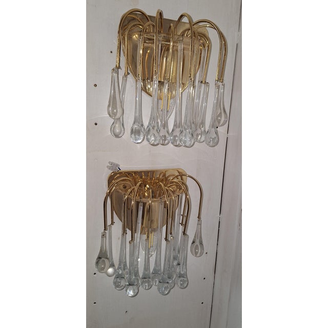 Vintage Wall Lamps with Gold-Plated Brass Brackets and Crystal Glass Drop Pendants, 1970s, Set of 2 For Sale - Image 3 of 9