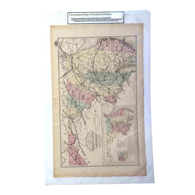 Antique 1870s g.w. Gray & Son Climatological Map of Maryland & Delaware (32" X 20")" For Sale