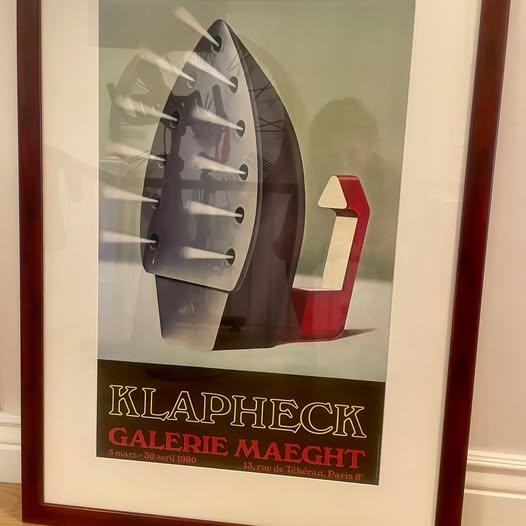 Vintage exhibition poster by Konrad Klapheck for Galerie Maeght, featuring his iconic surreal mechanical imagery. Bold,...