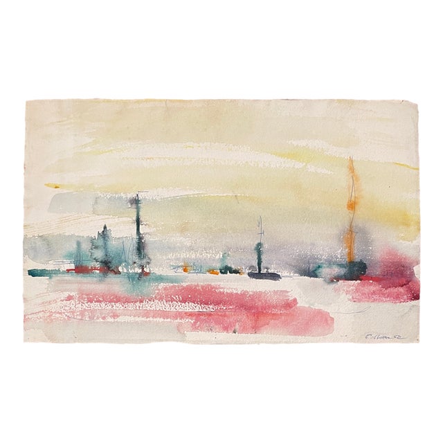 1952 Robert Colborne Harbor Watercolor Painting For Sale