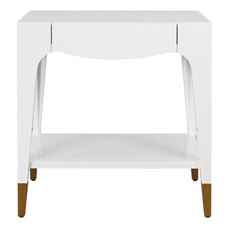 Matthew Izzo Home Ronny Glossy White Lacquer One Drawer Side Table With Antique Brass Foot Caps For Sale