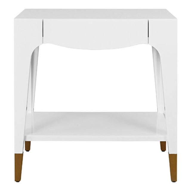 Matthew Izzo Home Ronny Glossy White Lacquer One Drawer Side Table With Antique Brass Foot Caps For Sale