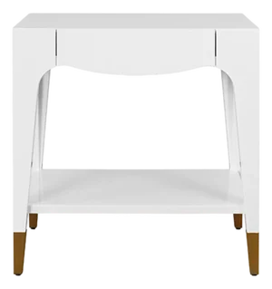 Matthew Izzo Home Ronny Glossy White Lacquer One Drawer Side Table With Antique Brass Foot Caps