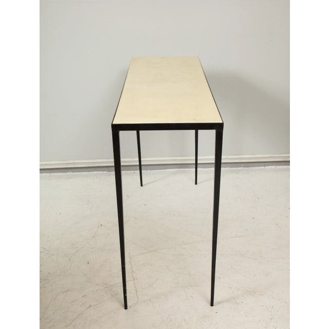 Metal Bespoke Iron and Parchment Consoles in the Jean Michel Frank Manner - a Pair For Sale - Image 7 of 9