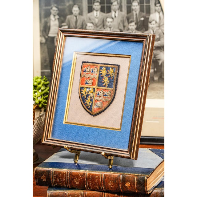 English Preppy Antique English School Framed Crest Patch Armorial Coat of Arms Home Wall Decor For Sale - Image 3 of 11
