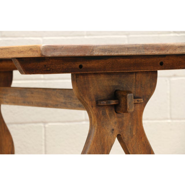 Farmhouse Antique American Oak & Cherry Trestle Dining Table, c.1930s | Rustic Farmhouse Kitchen Table With Solid Wood Construction For Sale - Image 3 of 18