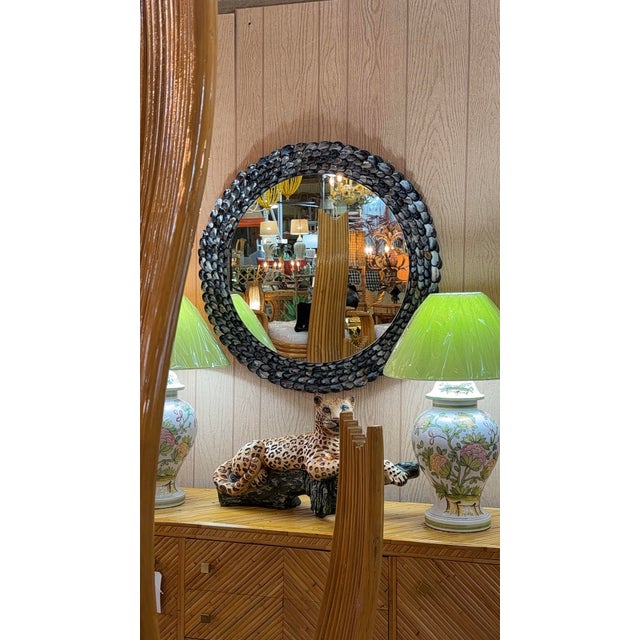 Handmade Coastal Mussel & Cowrie Shell Layered Round Mirror For Sale - Image 12 of 12