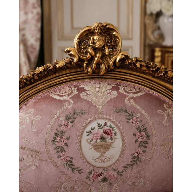 1940 French Artisan Louis XVI Gold Rose Beech Settee For Sale - Image 4 of 18