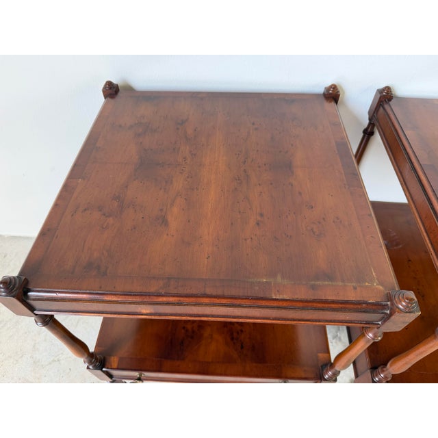 Hekman Regency Style Olive Wood & Mahogany End Tables With Drawer and Casters – A Pair For Sale - Image 9 of 12