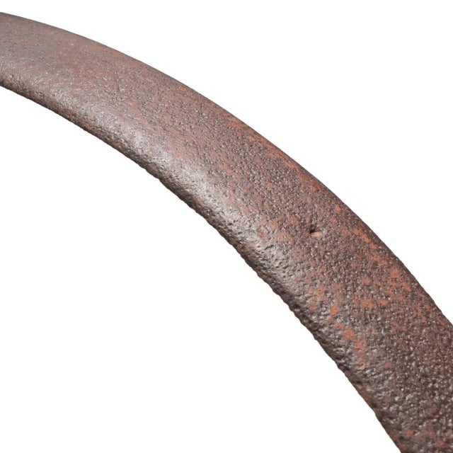 Large Forged Iron Carriage Wheel Rim Mounted on a Custom Iron Stand, 1800's For Sale - Image 10 of 11