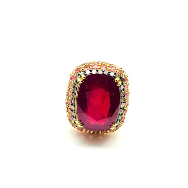 Art Deco Bochic "Orient" Vintage Ruby, Diamond & Pink Sapphire Ring Set 18K Gold & Silver For Sale - Image 3 of 18
