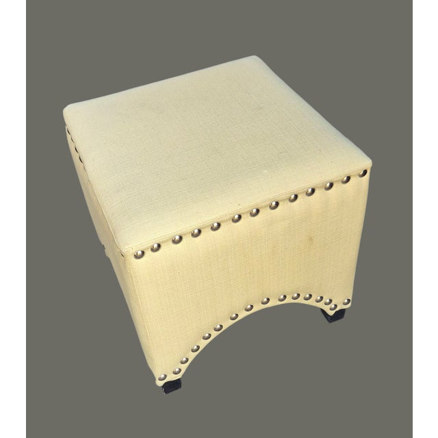 Metal Vintage Yellow Fabric Upholstered Ottoman Stool For Sale - Image 7 of 9