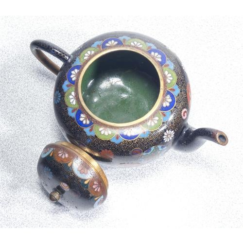 Black Cloisonné Teapot and Sugar Bowl with Floral Decor, Set of 2 For Sale - Image 8 of 18