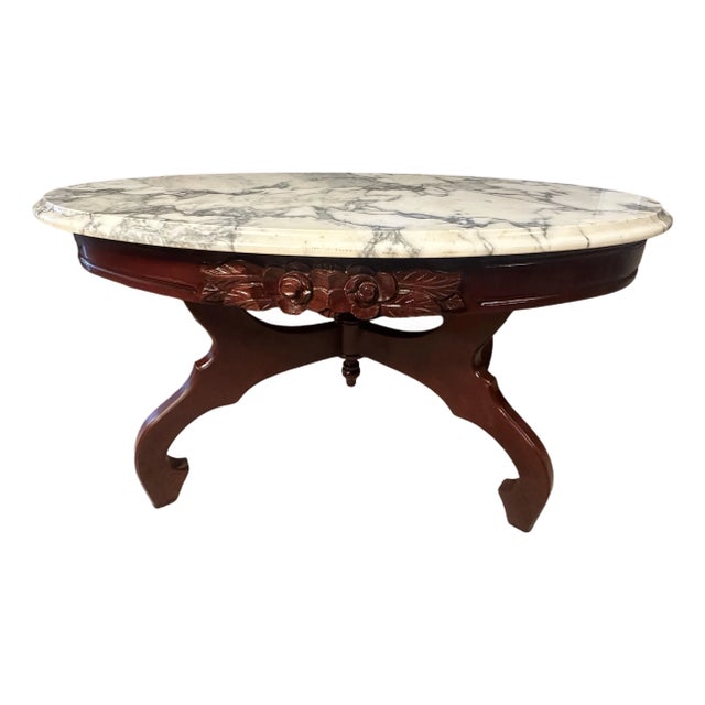 Vintage Oval Marble-Top Coffee Table With Carved Floral Apron (Nice) For Sale