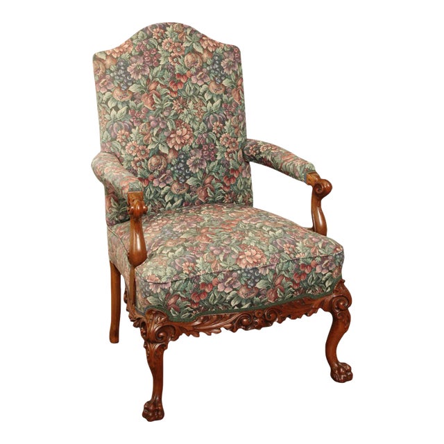 1930s Georgian Style Carved Mahogany Library Armchair For Sale