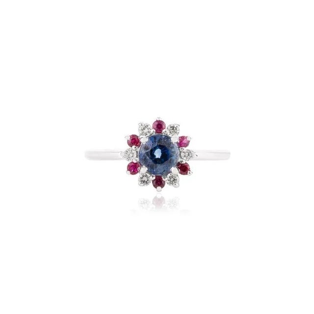 Royal Blue Sapphire Ruby Flower Wedding Ring With Diamonds in 14k White Gold Size 7 For Sale - Image 8 of 13