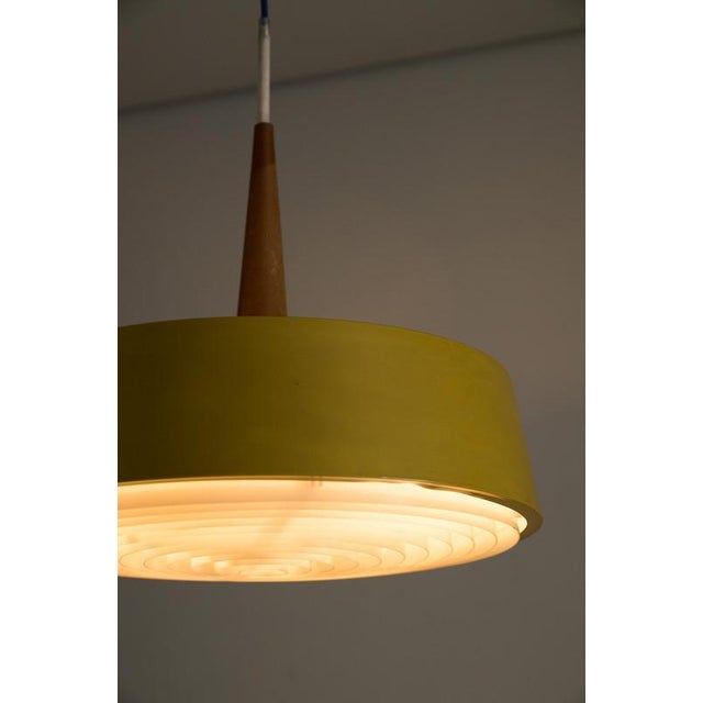 Mustard Yellow Pendant Lamp with Teak Accent and Grid Diffuser, 1960s For Sale - Image 6 of 9