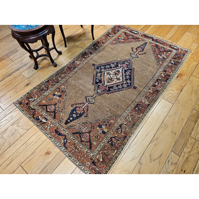 Vintage Persian Malayer Area Rug, Handwoven Geometric Medallion Pattern, Camelhair & Red, 4’ X 7’ For Sale - Image 14 of 18