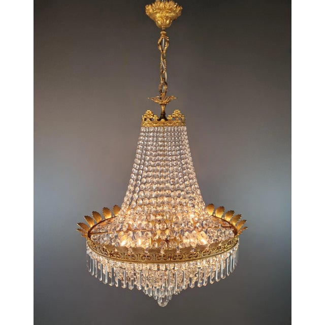 Antique Art Nouveau Low Oval Plafonnier Crystal Chandelier Brass For Sale - Image 15 of 15