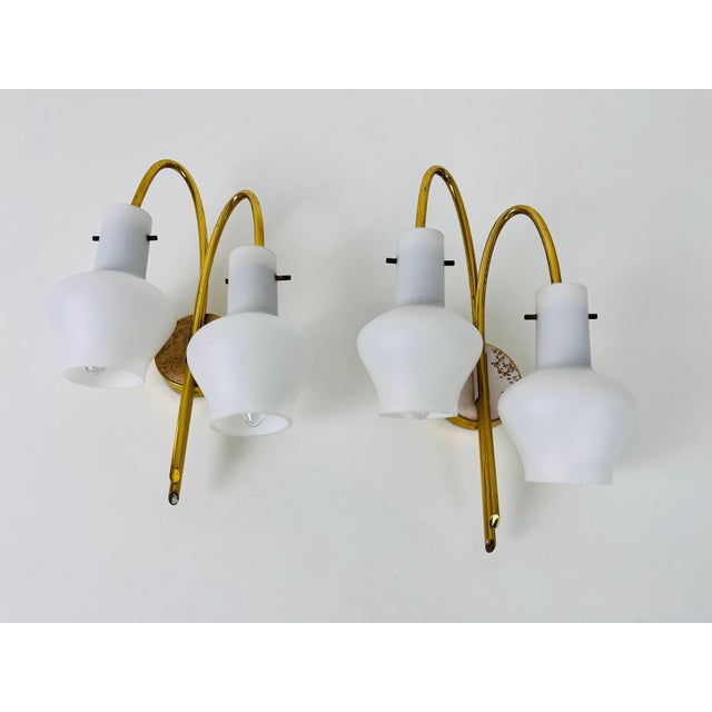 Mid-Century Modern Mid-Century Brass and Opaline Glass Wall Lamps, Italy, 1960s - A Pair For Sale - Image 3 of 10