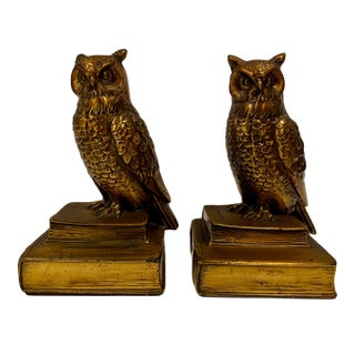 Pair of Philadelphia Manufacturing Co Owl Bookends - Heavy Cast Metal Brass Set of 2 For Sale