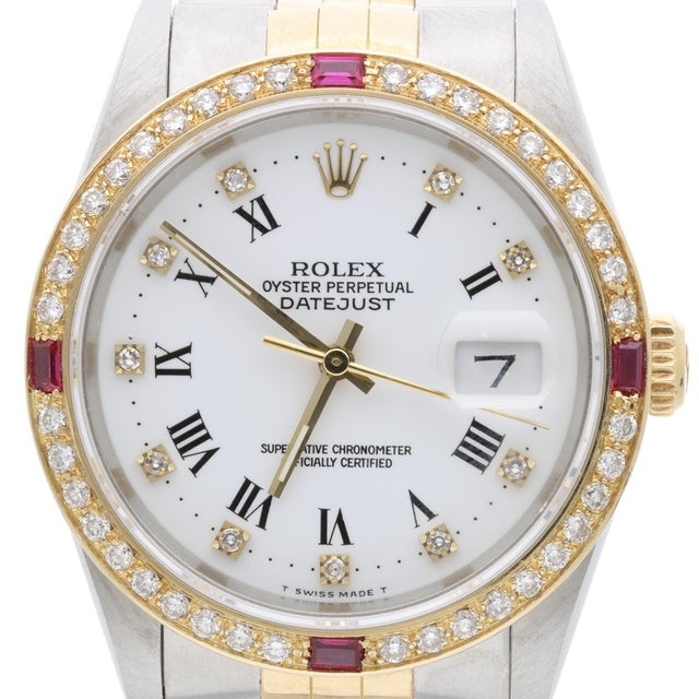 Rolex Datejust 16233 Two Tone Steel-18k Gold Ruby Diamond Bezel Vintage Watch For Sale - Image 11 of 17