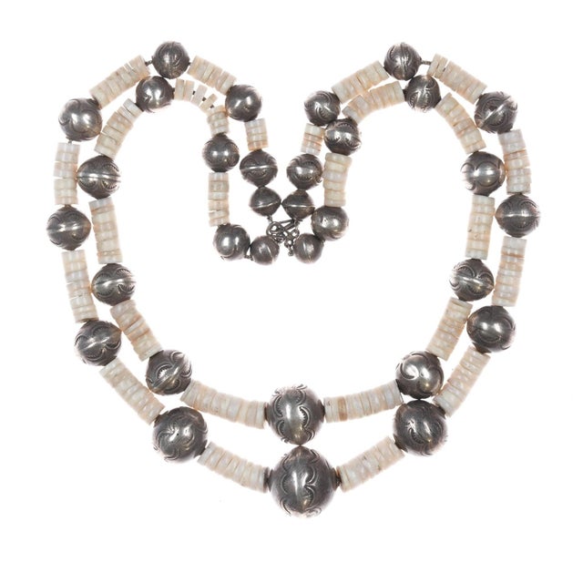 Vintage 32" Silver Navajo pearl heishi necklace or double choker. These are very nice hand stamped beads, nice old ones...