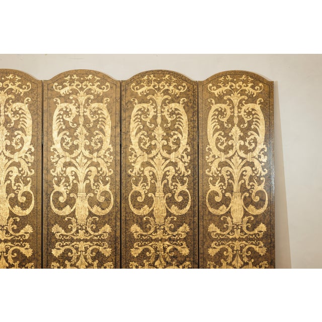 Brown Vintage Four-Panel Screen with Gilt Renaissance-Style Scroll and Urn Motifs For Sale - Image 8 of 18