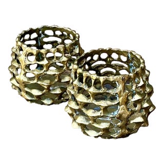 Vintage Brutalist Brass Candle Holders - Pair For Sale