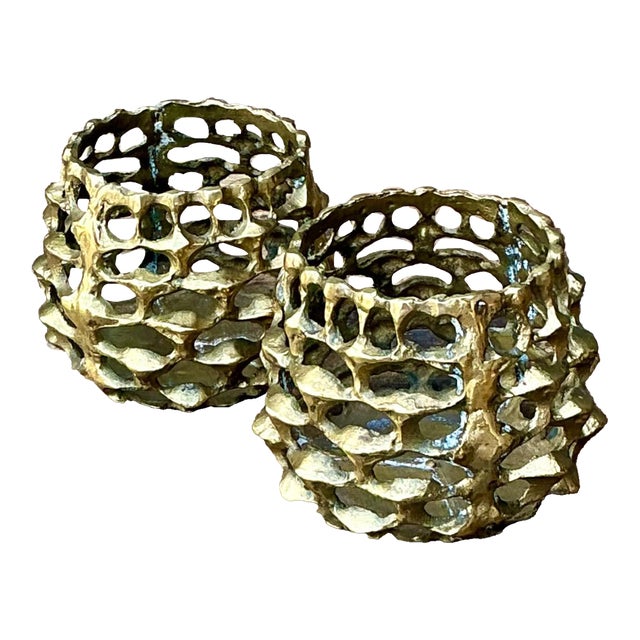 Vintage Brutalist Brass Candle Holders - Pair For Sale