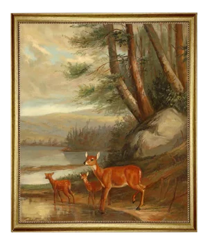 "Doe With Two Fawns" Contemporary Reproduction Print on Canvas, Framed 27-1/2" X 33-1/2".