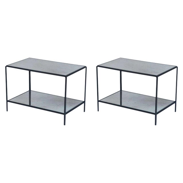 Contemporary Design Frères 'Rectiligne' Wrought Iron and Mirror End Tables - a Pair For Sale