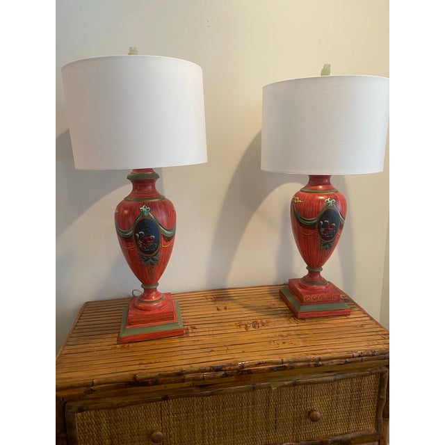 Vintage Hand Painted Red Lamps - a Pair For Sale - Image 11 of 12