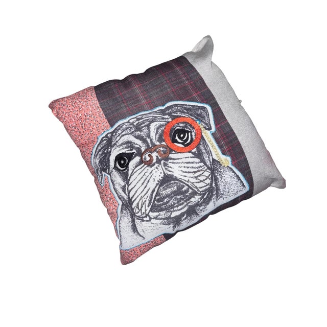 Bring playful charm and character to your space with this whimsical bulldog throw pillow. Featuring a detailed black-and-...