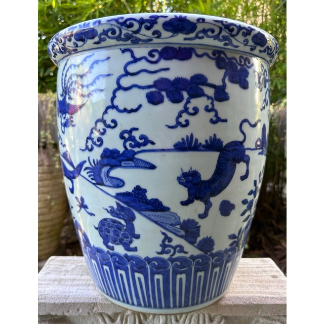 17th Century Antique Chinese Ming Dynasty Deer Phoenix Mythical Porcelain Jardiniere Planter Pot For Sale - Image 4 of 12