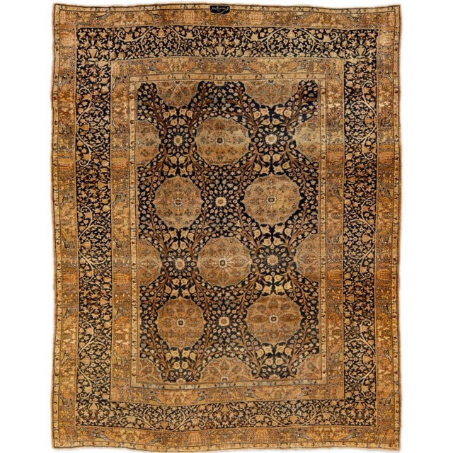 Antique Persian Kerman Handmade Allover Floral Blue and Tan Wool Rug For Sale - Image 10 of 10
