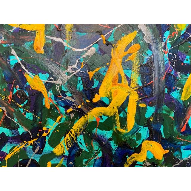 Abstract expressionist painting with colors of green, teal, yellow and red. Signed and dated illegible by artist on back...