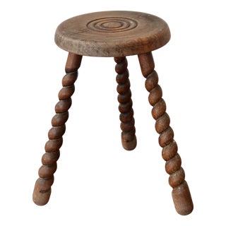 Vintage Rustic Tripod Stool in Turned Wood, 1950s For Sale