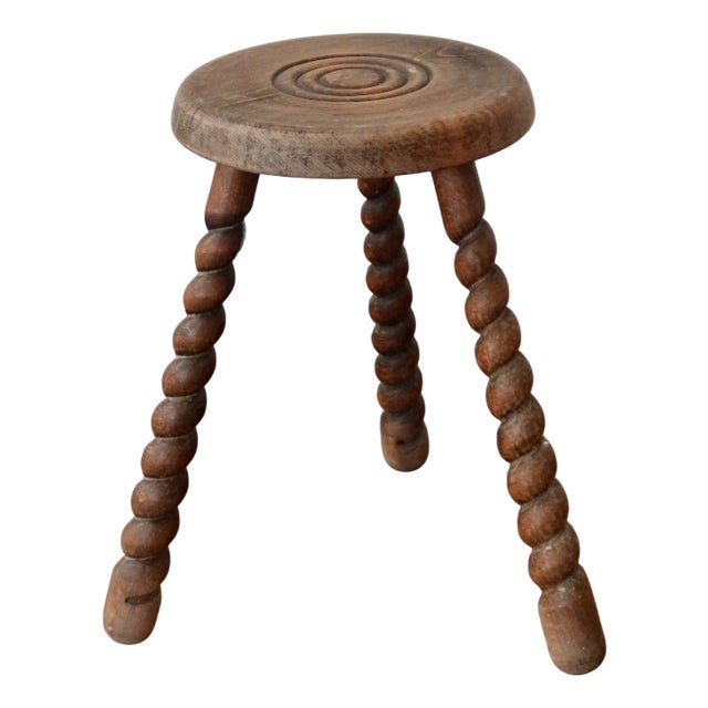 Vintage Rustic Tripod Stool in Turned Wood, 1950s For Sale