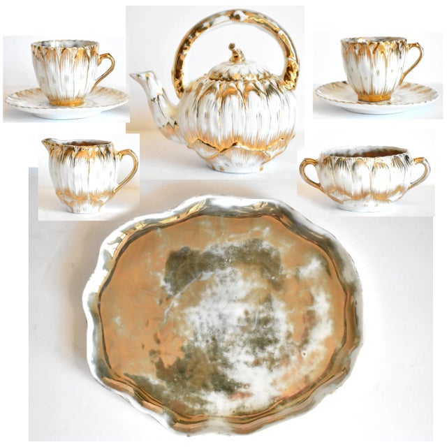 Antique Gold & White Porcelain Flower Petals Demitasse Tea Service - Set of 8 For Sale - Image 13 of 13