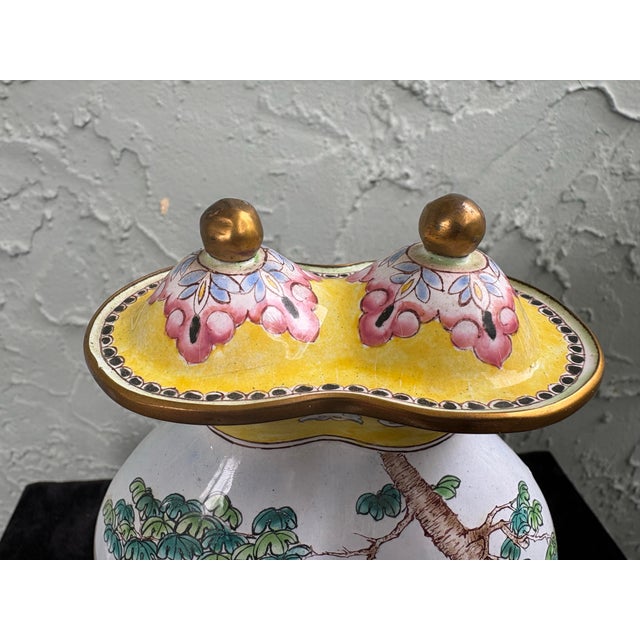 Vintage Chinese Style Enameled Brass Scenic Vase With Double Finial Lid, Hand-Painted Figures For Sale In Orlando - Image 6 of 12