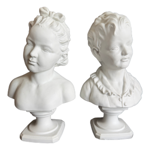 Antique French Bronginart Children After Houdon Large Parian Bisque Pair of Busts