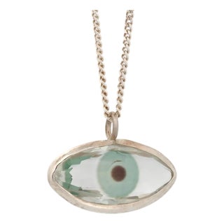 Green Evil Eye Pendant Positive Energy Sterling Silver Chain Necklace For Sale