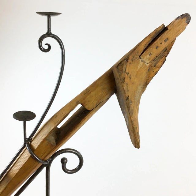 2000 - 2009 Large Antique Artisan Wooden Plow Sculpture Candle Holder For Sale - Image 5 of 13